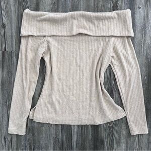 Cream Off The Shoulder Ribbed Foldover Sweater
